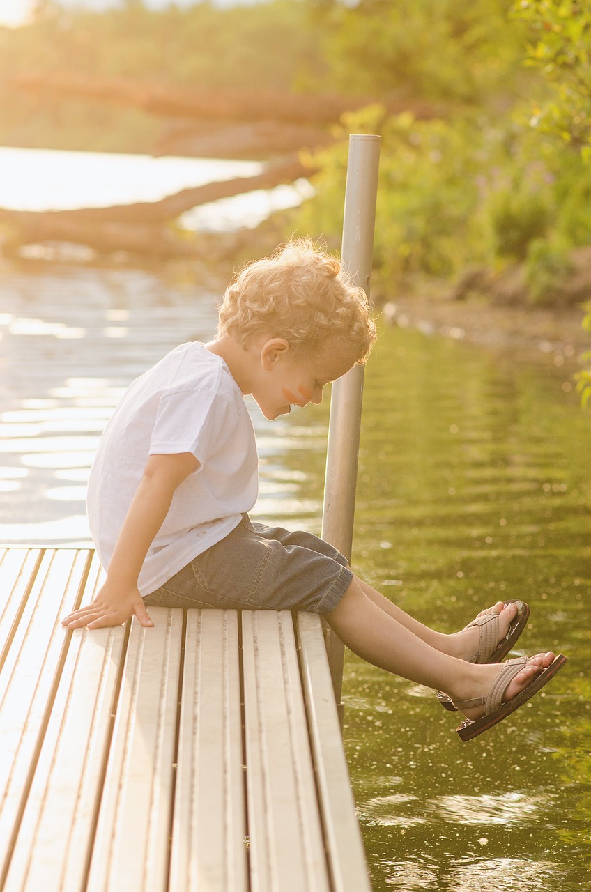 dock, boy, water, sitting, playing, sun, nature, lake, peaceful, tranquil